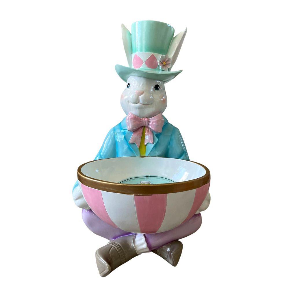 Tophat & Tail XL Mad Hatter Easter Bunny Holding Candy Bowl 20" New
